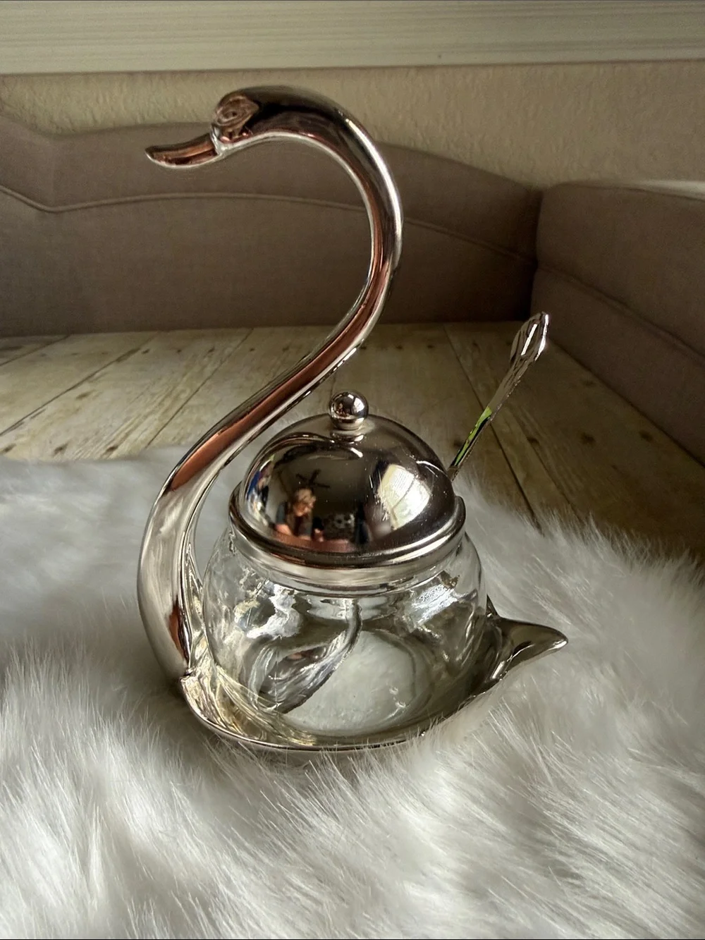 Vintage Silver Swirl Swan Glass Jam Pot with Lid & Spoon